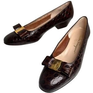 Vtg 90’s Salvatore Ferragamo Brown Calf Croc Leather Gold Bow Vara Shoes Sz 8 B